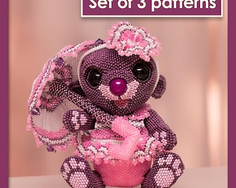 Beading Tutorials | PDF Pattern for Bear, Dress & Umbrella | Geometric Peyote Stitch DIY