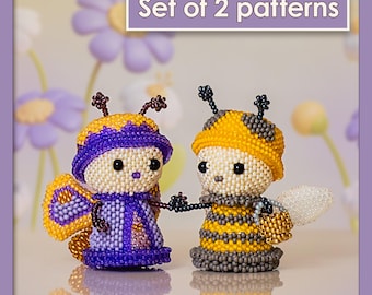 Beaded Butterfly & Bee Pattern Set – Cartoon Insect Duo – Peyote Stitch Mini Figurine DIY