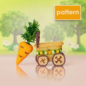 May include: A beaded carrot and wagon, with the word "pattern" in a yellow box. The carrot is orange with green leaves, and the wagon is tan with floral accents. The wheels are brown and tan.