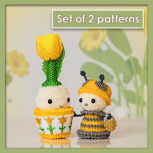 May include: Two beaded figures: a yellow tulip in a pot and a bee. The tulip is yellow and green, the pot is yellow and white. The bee has a yellow and gray striped body, a yellow hat, and a small basket. Text: Set of 2 patterns.