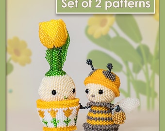Beaded Bee & Tulip Pattern Set – Cartoon Insect and Flower Tutorial – Peyote Stitch Miniature DIY