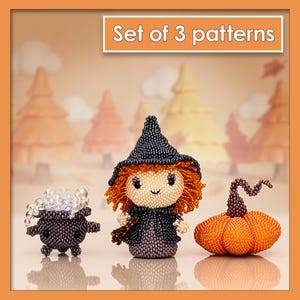 Halloween Perlenmuster Set: Hexe, Kessel, Kürbis | PDF Schritt-für-Schritt-Anleitung | Peyote Stitch DIY