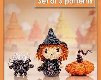 Halloween Beading Pattern Set: Witch, Cauldron, Pumpkin | PDF Step-by-Step Tutorial | Peyote Stitch DIY