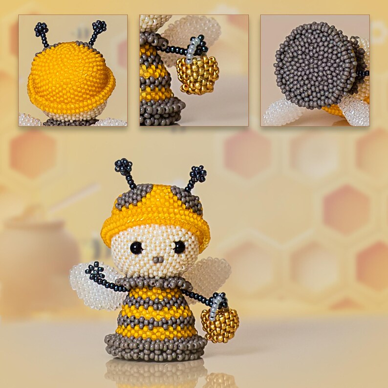 Beaded bee in a yellow hat raises one hand while holding a golden honey bucket; nearby is a collage with a close-up, perfect for a beaded figurine pattern listing.