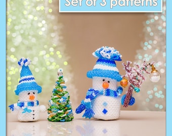 Beaded Holiday Set Pattern | Snowman with Decorated Branch, Mini Snowman & Christmas Tree | PDF Tutorials
