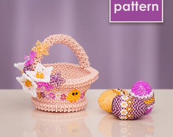 Beaded Easter Basket Pattern PDF | Peyote Stitch Tutorial with Eggs & Flowers