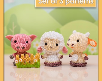 Farm Animal Beading Pattern Set: Sheep, Cow, Pig, Fence | PDF Tutorial | Peyote Stitch DIY