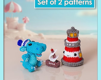 Beaded Lighthouse & Hippo Pattern Set | Peyote Stitch Tutorials | Nautical Bead Figures | Coastal Beading Project