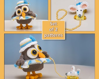 Beading Tutorials | PDF Patterns of Owl in a hat & skirt and Mouse on wheels | Geometric Peyote Stitch Master Class