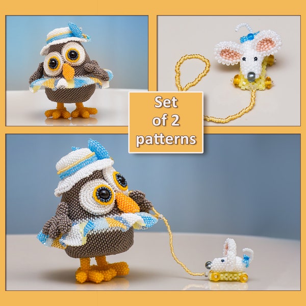 Beading Tutorials | PDF Patterns of Owl in a hat & skirt and Mouse on wheels | Geometric Peyote Stitch Master Class