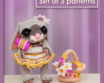 Set di schemi per coniglietti pasquali con perline in formato PDF / Tutorial per punto peyote con cestino e uova