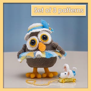 Patrón de búho y ratón con cuentas en PDF / Punto peyote geométrico con gorro, falda y rueda de juguete