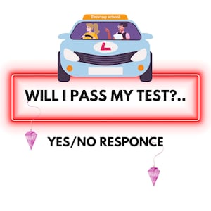 Może przedstawiać: Ilustracja jasnoniebieskiego samochodu z napisem "Driving school". Tekst "WILL I PASS MY TEST?.. YES/NO RESPONSE" jest obramowany na czerwono, z dwoma różowymi kryształowymi wahadełkami.