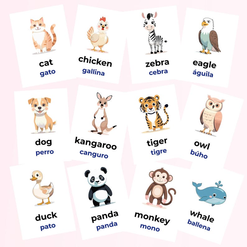 32 Bilingual Animal Flashcards Printable | English Spanish | Montessori ...
