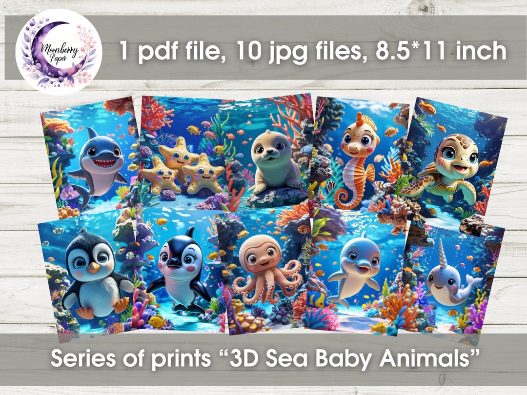 3D Sea Baby Animals Nursery Wall Art Printable – Cute Ocean Animal ...