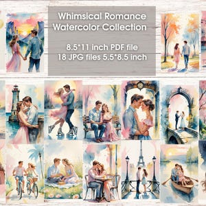 Collezione di acquerelli Whimsical Romance, set di cartoline romantiche con acquerelli | Biglietti d'amore vintage e stravaganti da stampare