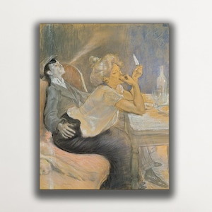 May include: A framed painting showing two figures in a dimly lit interior. The artwork uses muted tones of beige, grey, and brown, with visible brushstrokes. The figures are seated at a table, with one smoking. The painting is mounted on a white wall.