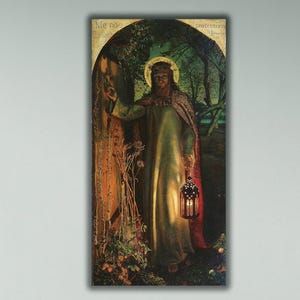 May include: A painting of a man in a long robe, with a crown of thorns, holding a lantern. The painting is set in a forest, with trees and foliage in the background. The text "Me non Domini" is visible in the upper left corner of the painting.