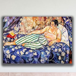 May include: A vibrant painting depicts a figure reclining on a floral patterned blue couch. The figure wears a light-colored top and green and white striped pants. A book and red object are visible. The artwork is a colorful, expressive piece.