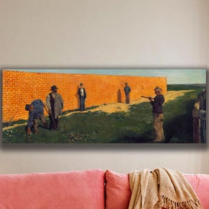 May include: A rectangular painting depicts a scene with figures near a brick wall. The artwork features a palette of earth tones, with a focus on the interaction between the figures and the wall. The painting is displayed above a pink sofa.