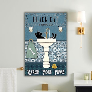 Pôster de gato preto lave suas patas, pôster vintage de gato preto, impressão em tela de decoração de banheiro, arte de parede vintage, pôster retrô de gato preto