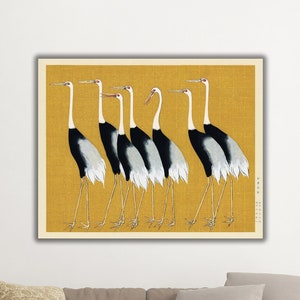 Störche Wandkunst, Störche Illustration Druck, Laufende Störche mit gelbem Hintergrund, Tierisches Poster, Geschenk für neues Baby, Störche Poster
