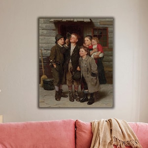 Könnte beinhalten: Ein Vintage-Gemälde, das eine Gruppe von Kindern zeigt, die vor einem Gebäude stehen. Die Kinder sind in einfache Kleidung gekleidet und scheinen nach oben zu schauen. Das Gemälde ist gerahmt und hat eine warme, einladende Atmosphäre.