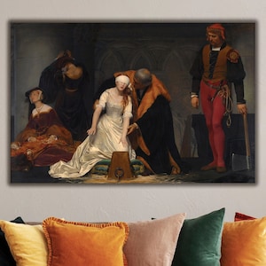 Puede incluir: Una pintura que representa una escena de un evento histórico. Una mujer con un vestido blanco está arrodillada en el suelo, con un hombre con una túnica negra arrodillado a su lado. Otro hombre con un atuendo rojo y negro se encuentra detrás de ellos, sosteniendo un bastón. La mujer está vendada y parece estar en apuros.