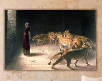 Daniel in the Lions Canvas Wall Art, Bible ArtWork, Daniel Answer To The King In The Lions Den By Briton Riviere Mounted Canvas
