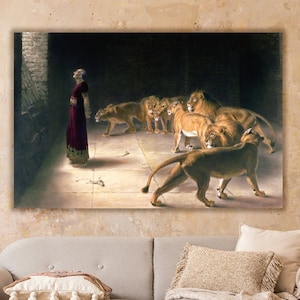 Daniel in the Lions Canvas Wall Art, Bible ArtWork, Daniel Answer To The King In The Lions Den By Briton Riviere Mounted Canvas