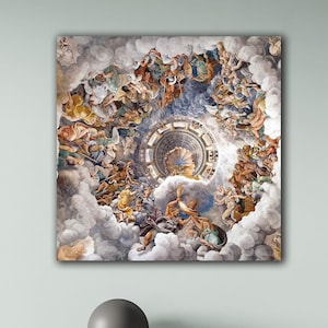 May include: A painting of a ceiling fresco depicting a scene from Greek mythology. The fresco is painted in a realistic style with a focus on the human figures. The figures are depicted in a variety of poses and expressions, and the overall effect is one of movement and energy.