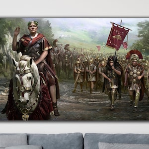 May include: A Roman general on horseback leads a legion of soldiers in a historical painting. The general is wearing a red tunic and a helmet, and he is holding a sword. The soldiers are marching in formation, and they are carrying shields and spears.