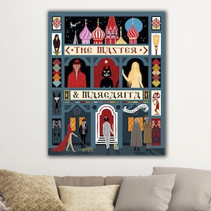 May include: A colorful illustration of a building with the text "<THE MASTER> & <MARGARITA>" in Russian. The building is decorated with a variety of characters and symbols, including a cat, a woman, and a man in a red coat.