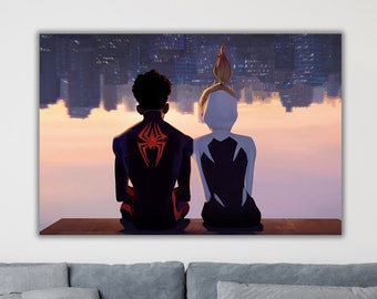 Miles Morales and Gwen Stacy Wall Art, Spider-Man Print Poster, Spider-Verse Canvas with Spider-Man and Gwen Stacy, Spider-Man Gift For Kid