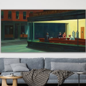 Nighthawks Canvas Wall Art, Edward Hopper&#39;s Masterpiece Artwork , People in a Downtown Diner Late at Night Print, Nighthawks Print Poster