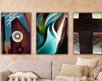 Set of 3 Georgia O'Keeffe Wall Art, O'Keeffe Art Set of Black Cross, From the Lake and New York Street with Moon, Set of 3 O'Keeffe Poster