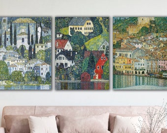 Set of 3 Gustav Klimt Wall Art, Church in Cassone, Houses at Unterach, Malcesine on Lake Garda Artworks Set, Klimt's Artworks Poster Set