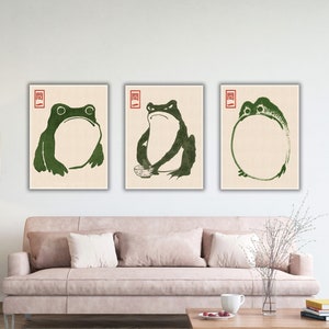 Japanese Matsumoto Hoji Frog Set of 3 Poster, Set of 3 Frog Canvas Prints, Japanese Grumpy Toad Canvas, Matsumoto Hoji Wall Art, Frogs Art
