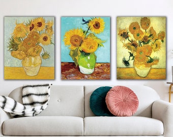 Set of 3 Van Gogh Canvas Wall Art, Set of 3 Sunflowers Print by Dali, Salvador Dali Floral Artwork Poster Set, Van Gogh Artwork Print Set