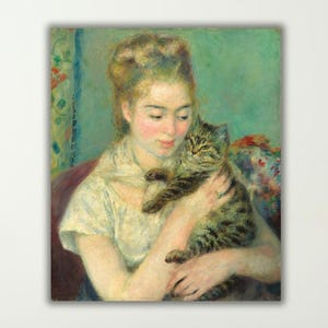 Woman with a Cat by Pierre Auguste Renoir Wall Art, Fine Wall Decor, Ready to Hang Canvas, Museum Quality Art Print, Gift Poster Idea