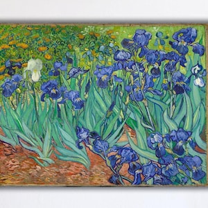 May include: A painting of a field of blue irises with green leaves. The flowers are in various stages of bloom, with some fully open and others still in bud. The background is a blur of green and yellow.