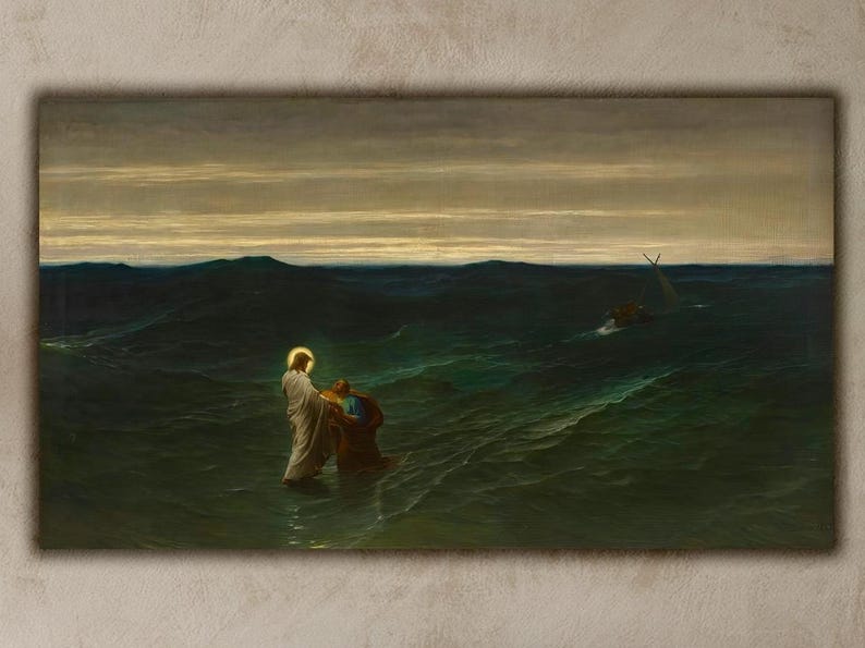 Jesus and Peter on the Water by Gustave Brion Wall Art, Religious Painting, Antique Christian Art Print, Museum Quality Home Decor Poster