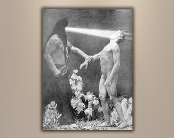 May include: A black and white illustration of two figures. One figure is cloaked and holding a light source that shines on the other figure. The light source is a beam of light that is directed at the other figure's face.