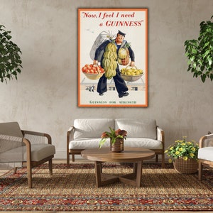 May include: A vintage Guinness advertisement featuring a sailor carrying a basket of fruit and a bag of bananas. The text reads "Now I feel I need a GUINNESS." and "GUINNESS FOR STRENGTH."