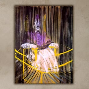 May include: A painting depicting a figure in a purple robe seated on a chair with a yellow frame. The figure's face is contorted and they are screaming. The background is dark and indistinct.