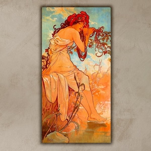 Peut inclure: Une peinture d'une femme aux cheveux roux et à la robe blanche assise sur un rocher au bord d'une rivière. La femme est entourée de fleurs et de vignes. La peinture est dans une palette de couleurs douces et pastel.