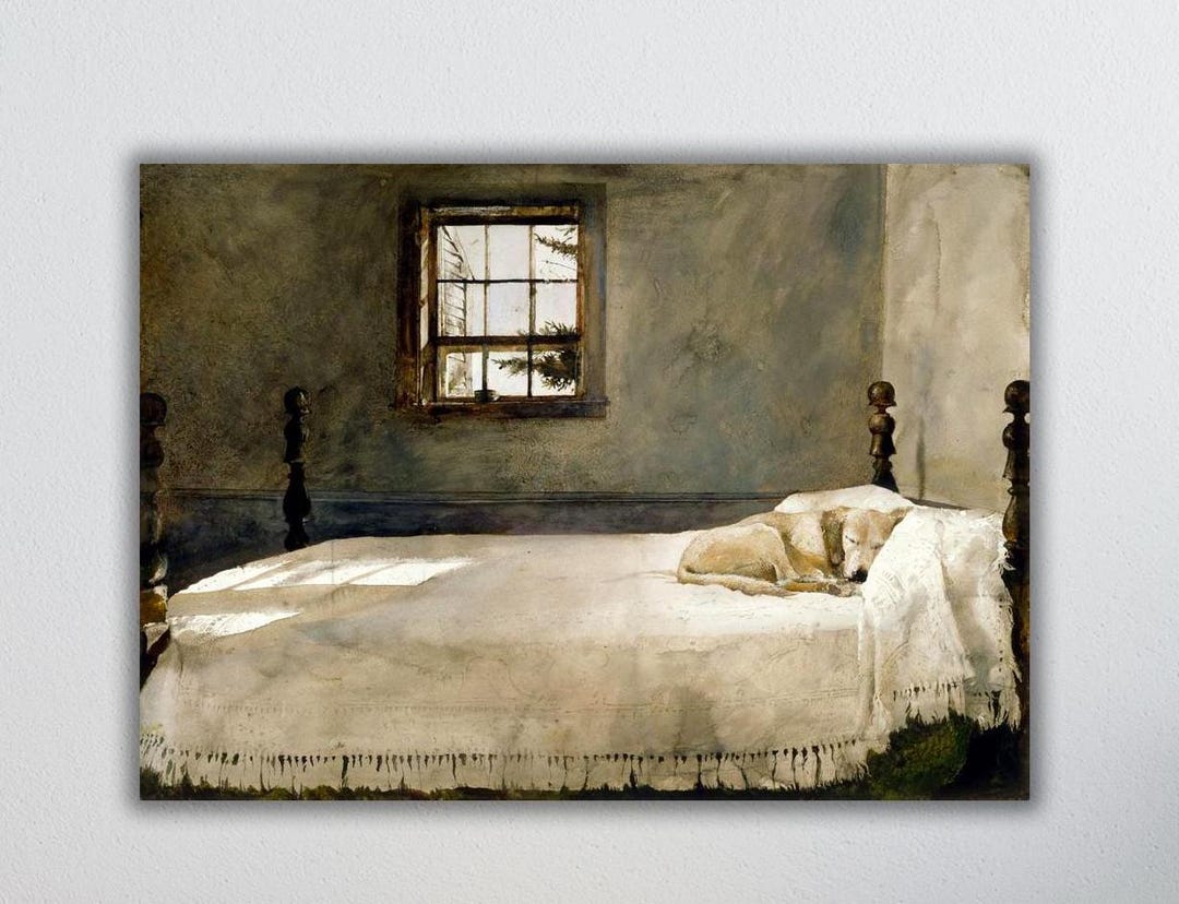 Andrew Wyeth Master Bedroom Print, Dog Sleeping in Bed, Vintage