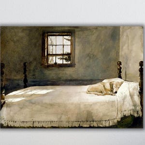 Quarto principal por Andrew Wyeth Arte de parede, pôster de cachorro dormindo na cama, arte vintage atemporal, ideia de decoração para casa, pôster de presente aconchegante
