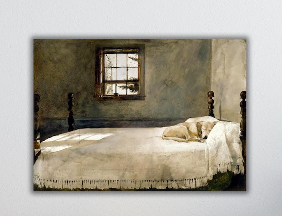 Andrew Wyeth Master Bedroom Print, Dog Sleeping in Bed, Vintage