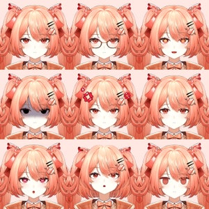 May include: A digital illustration of a young woman with pink hair in nine different expressions. The woman is wearing a white shirt with a red bow tie and a brown jacket. The expressions include a neutral expression, a surprised expression, a blushing expression, a smiling expression, a frowning expression, a crying expression, a winking expression, a confused expression, and a sleeping expression.